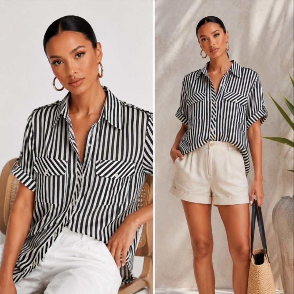 Norma Kamali Womens Black White Striped Cotton Button Down Utility Shirt Large